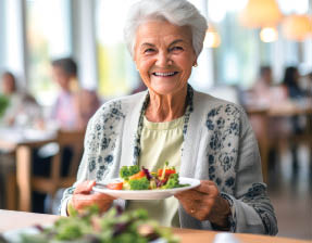An elderly woman is sitting at a table with a plate of food in front of her. She is smiling and appears to be enjoying her meal. There are other people in the background, and a potted plant is visible in the room. AI generated content